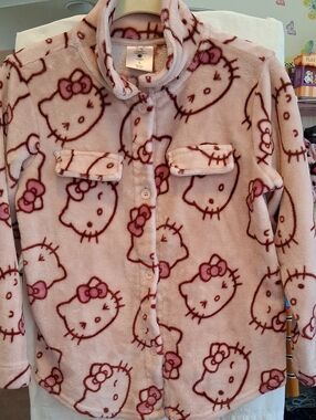 Cozy Hello Kitty Pink Plush Button-Up Fleece Shirt